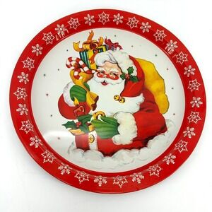 Vintage Santa Claus Christmas 80s Metal Serving Tray Red Snowflake Border 13"